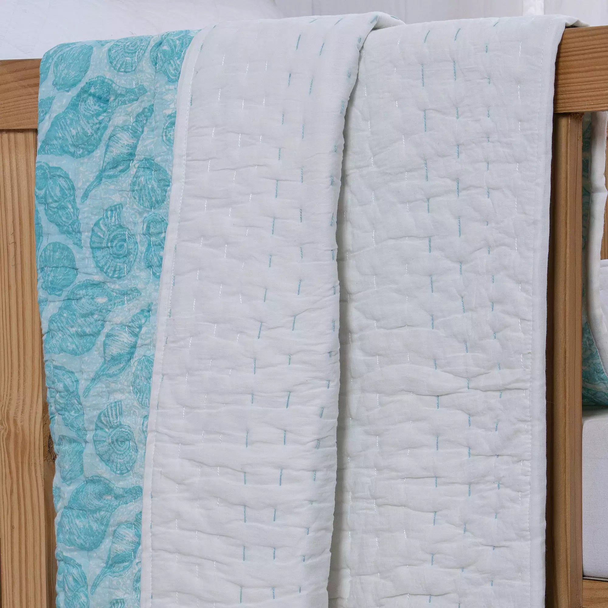 Blue Leaf Hand Block Printed Cotton Kantha Baby Quilt 107